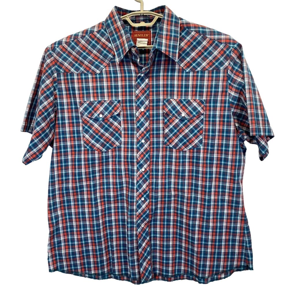 Rustler Men's Short Sleeve Shirt XL Vintage Long Tail Pearl Snap Cotton Blend